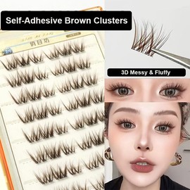 Brown Self Adhesive Eyelashes 48 Clusters Press On Eyelash LASGOOS Natural Curl 3D Lash Individual 10-13mm Pre-Glued Fluffy DIY Eyelash Extensions COS