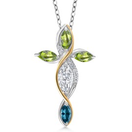 Cross Necklace For Women In 925 Silver and 10K Yellow Gold with Moissanite and Peridot and London Blue Topaz | 1.45 Cttw | Jesus Christian Religious Crucifix | Marquise 8X4MM | With 18 Inch Chain