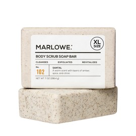 MARLOWE. No. 102 Body Scrub Soap 7 oz, Santal, Exfoliating Soap Bar with Shea Butter, Olive Oil & Green Tea Extracts, Cleanses, Smooths & Revitalizes Skin, Warm Amber, Spice & Citron Scent