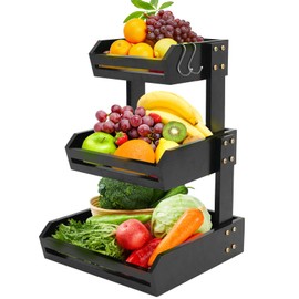 KISENG Bamboo Fruit Basket for Kitchen – 3 Tier Fruit Bowl For Kitchen Counter, Large Fruit Holder With 2 Banana Hangers, Idea For Fruit and Vegetable Storage, Bread Basket, Snack Organizer, Black