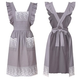 Zulzifs Vintage Aprons for Women - Cute Pinafore Cooking Apron Dress with Pockets for Kitchen Baking Gardening Painting (Grey)