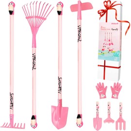 Altdorff Kids Gardening Tool Set Pink, Kid Rake and Shovel Set, 29.6'' Metal Leaf Rake, Shovel, Hoe and Mini Garden Yard Tools, Gardening Toy Gift for Kids Age 3+ Years(Pink), Develop Intelligence