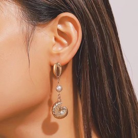 Shell Earrings Gold Stud Earrings Seashell Stud Earring Boho Pearl Shell Drop Dangle Earrings Summer Seashore Ocean Earring Nautical Prom Jewelry for Women (G)