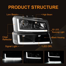 DimFlux LED DRL Headlight Compatible with 2003-2006 Chevy Silverado/ 2003-2006 Avalanche 1500 2500 Headlights Assembly Kit without Factory Cladding Models Black Housing Clear Reflector