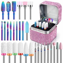 Depvko Juego de 30 brocas para fresas de uñas, con estuche de almacenamiento: metal duro de 3/32 pulgadas, diamante de cerámica, juego profesional de salón para uñas acrílicas, puntas multifuncionales