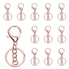 QUARKZMAN Lobster Claw Carabiner Keyring, Pack of 12 Lobster Claw Carabiner Hooks with Flat Split Key Ring and Chain for DIY Craft Key Ring Accessories, Rose Gold, Rose Gold