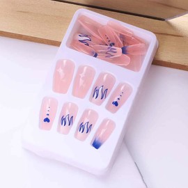 24PCS Long Length Coffin Press on False Nails Blue Heart Flame Coffin Fake Nails Full Cover Acrylic Valentine's Day Arts False French Nail Tips for Women Teen Girls