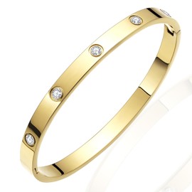 Generic BOLAGTIER Gold Plated Bracelet with Cubic Zirconia Stones Stainless Steel Bangle Minimalist Cuff Love Charm Bracelets for Women Teen Girls (Gold-Medium), 7in