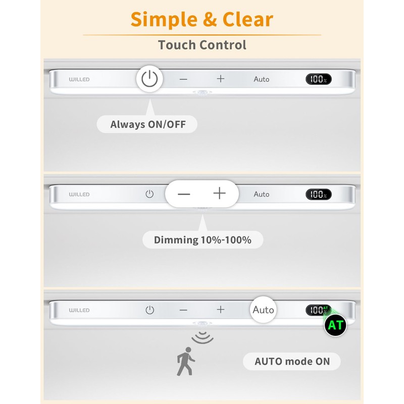 WILLED Motion Sensor Light Indoor, Battery Display, 60 LED Touch