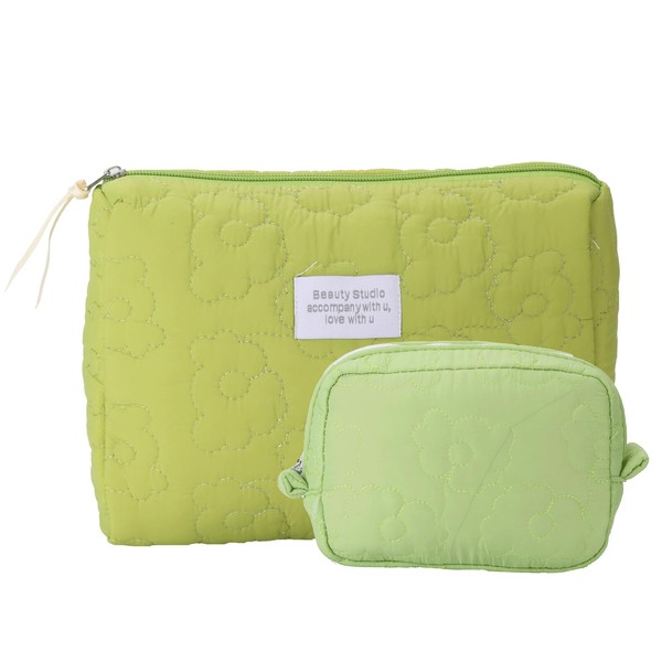 LYDZTION Quilted Soft Floral Makeup Bag - 2 Pieces Cosmetic Bag Large Capacity Makeup Bag Travel Cosmetic Organizer for Women Makeup Organizer Storage Purse Organizer,Green