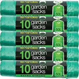 5 x 10 Packs Garden Rubbish Bags - Green Heavy Duty 50 litres x 10 pack - 89cm Extra Strong Bin Sacks With Tie Handles
