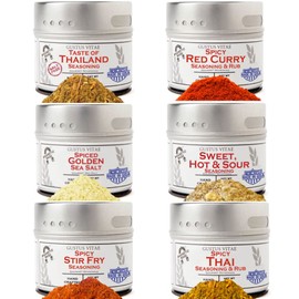 Thai Seasonings Gourmet Gift Set - Tastes of Thailand - Artisanal Spice Blends Six Pack - Non GMO, All Natural, Small Batch - Made By Hand in USA - Gustus Vitae - #572
