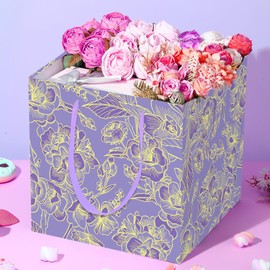 Large Square Purple Floral Gift Bag 11.8" Extra Large Square Gift Bag with Tissue Paper Purple Rose Flower Wrapping Paper for Celebrating Weddings Birthdays Baby Showers Bridal Shower Anniversaries