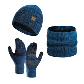 Daysskk Hat Scarf and Gloves Set Men Women Warm Set Winter Hat Beanie Men's Touchscreen Gloves Knitted Hat Men Women Winter, blue