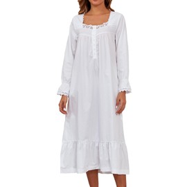 Viakeo 100% Cotton Nightgowns For Women Victorian Night Gown Long Sleeve House Dress With Pockets S-3XL White