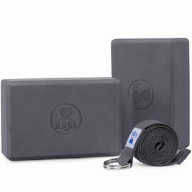 IUGA Yoga Block 2 Pack with Yoga Strap, High Density Yoga Blocks 9”x6”x3”to Improve Strength, Flexibility and Balance, Light Weight and Non-Slip Surface for Yoga, Pilates and Meditation