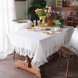 ARTMAGIC White Cotton Linen Tablecloth Embroidery Leaf Pattern Lace French Country Rectangle Table Cloth Washable Tablecloths Farmhouse Decor for Home Holiday Party Dining Table (White, 52"x70")