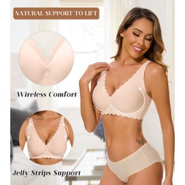 Yutdeng Women's Wireless Bras V Neck Scalloped Bra Non Wired Bra Bralettes with Soft Support Comfort Full Coverage Padded Seamless Bra Ladies Push Up Bra Everyday Bras,Beige,L
