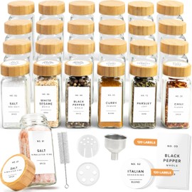 EDELHAUS Glass Spice Jars with Label and Bamboo Lids (24 x 4oz) Spice Containers with 240 Labels, Shaker Inserts, Steel Funnel, Empty Square Seasoning Organizer for Spice Rack, Cabinet, Drawer