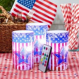 Aulaygo 4th of July Candles with Remote Control Set of 3 Patriotic American Flag Flameless LED Battery Operated Pillar Patriotic Red White and Blue Candles (Vintage American Flag)