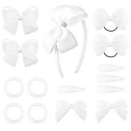 DRESHOW Pack of 15 Girls School Hair Accessories Set Bow Hair Clips, Headband, Ponytail Holder, Elastic Bands for Girls, Toddlers, Birthday Gift, 15 Pieces 93-White