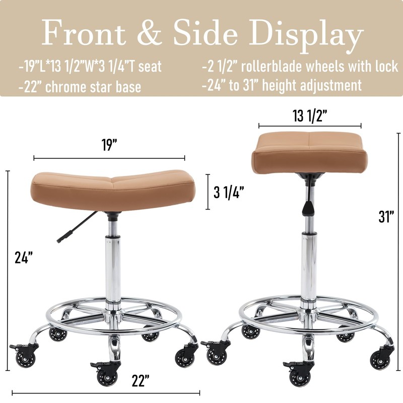 CoVibrant Wide Rolling Stool with Locking Wheels Footrest Adjustable Height