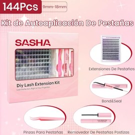 SASHA Extensión Pestañas Postizas Kit Completo, 144 Racimos Individuales Kit de Pestañas, Curvatura Tipo D Longitud Mixtas 9-18mm, Incluye 4 en 1 Herramienta Lash Bond y Seal y Remover y Pinzas
