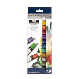 Royal & Langnickel Essentials 12ml Acrylic Paints- Metallic Colors- 12pk, White, Yellow, Orange, red, Emerald Green, pthalocyanine Blue, Purple, Gold, Bronze, Silver, Black