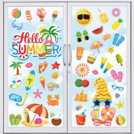 Whaline 9 Sheets Pool Beach Window Clings Stickers Sun Beach Drinks Ice Cream Flip Flops Double-Sided Summer Window Decals for Summer Pool Party Supplies School Home Office Accessories Gifts