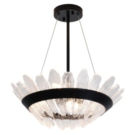 TMMAYSUN 17.7" Modern Black Crystal Chandelier, 4-Light Adjustable Height Round Drum Pendant Light with Seedy Glass, for Dining Room, Kitchen Island, Foyer