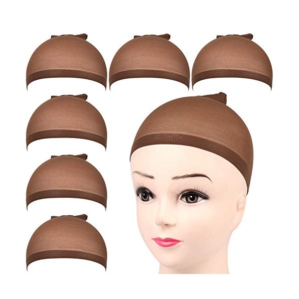 FANDAMEI 6 Pcs Dark Brown Stretchy Nylon Wig Cap - Elastic Nylon Close End Stocking Wigs Cup, Brown Unisex Wig Stocking Cap Hair Cup for Women Makeup