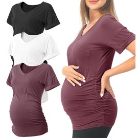 SUNNYBUY 3 Pack Womens Maternity Shirts Summer Soft Stretchy Pregnancy Tops Side Ruched V Neck Short Sleeve Tee Clothes, Black White Burgundy M