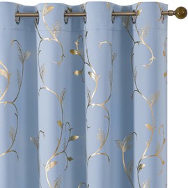 BUHUA Blackout Curtains Gold Foil Print Flower Vine Grommet Drapes, Room Darkening Thermal Insulated Curtains, Noise Reducing Curtain for Bedroom, Blue, 66Wx84L, 2 Panels