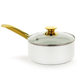 Holstein Housewares 3.5QT Ceramic Non-Stick Sauce Pan with Lid, Multipurpose Sauce Pan for Simmering & Boiling, Stainless Steel Golden Handle, Induction, Gas & Electric Compatible, White and Gold