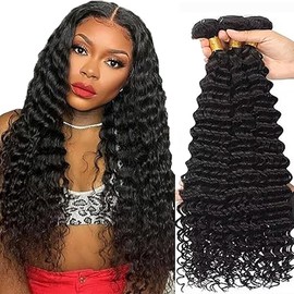 Tuheerst Deep Wave Human Hair Bundles Human Hair Extensions Real Hair Wefts 3 Bundles Sew-in Bundle Natural Black Double Weft Remy Hair 16 16 16 Inches