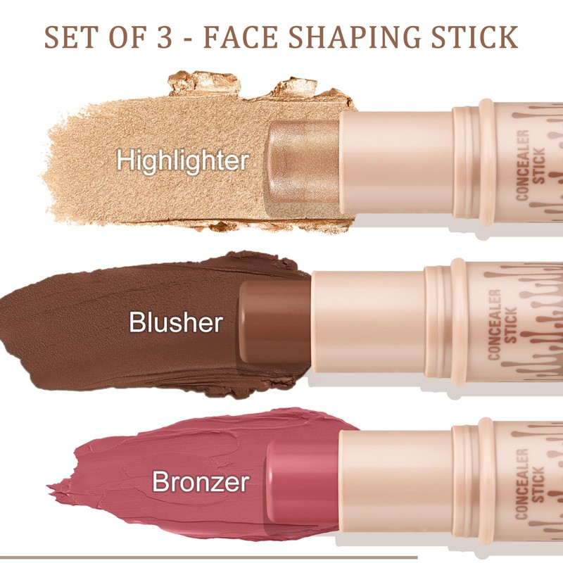 Boobeen 3 Pcs Contour & Highlighter & Blush Stick, Contour