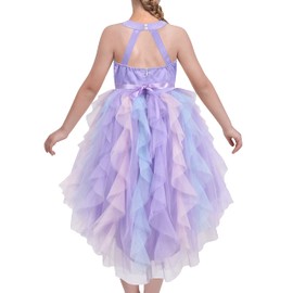 Girls Halter Dress Purple Pleated Tiered Sequin Pageant Hi-lo Hollow Back 10