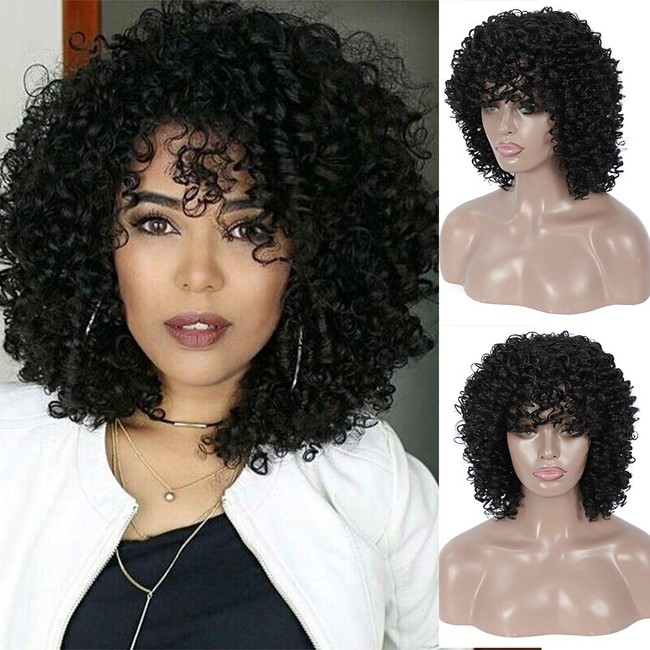 Curly Wigs for Black Women Short Kinky Curly Afro Wig with Bangs Natural Synthetic Hair Wig Daily Party Full Wigs for African American + 2 Wig Caps (Black)