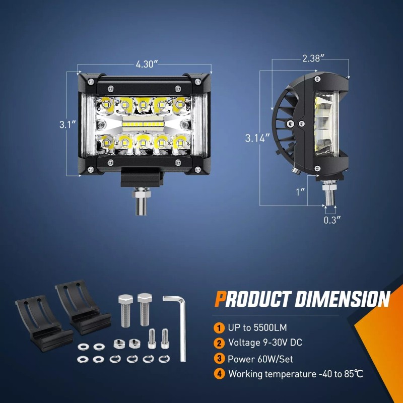 Nilight Side Shooter LED Light Bar 2PCS 4.3Inch Triple Row