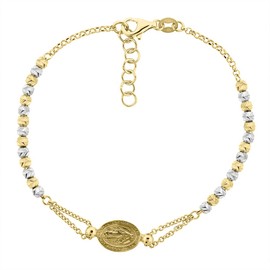 Sterling Silver Miraculous Medal Bracelet Virgin Mary Diamond Cut Beads Two-tone Finish Italy