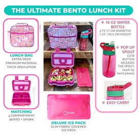 kinsho Bento Lunch Box with Insulated Bag and Water Bottle Set for Kids Toddlers, 4 Portion Sections, Removable Tray, Pre-School Girl Toddler Daycare Lunches, Snack Container, Pink Unicorn