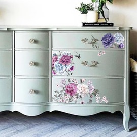 Neukids Furniture Transfer Sticker Blue Purple Peony Flowers Rub on Transfers for Crafts UV DTF Sticker for Bedroom Living Room Bookshelf Wardrobe Decoration