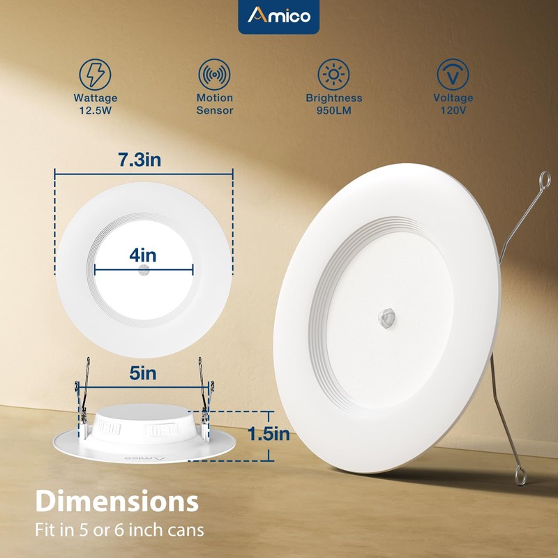 Amico 5/6 inch Motion Sensor Recessed Light, 12.5W=100W, 950LM, 2700K/3000K/4000K/5000K/6000K