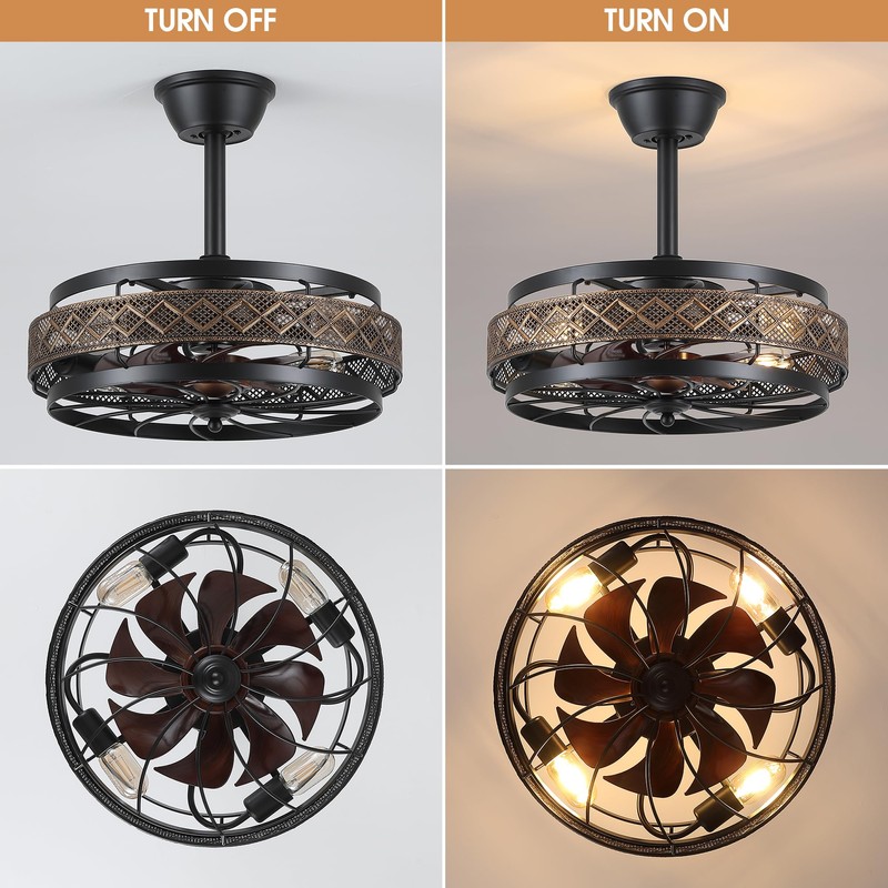 SHIHOT 18" Black Caged Ceiling Fan with Lights, Bladeless Industrial