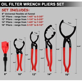 CAROTUPY 5Pcs Adjustable Oil Filter Pliers Set, Universal Oil Filter Removal Tool with Small Oil Funnel, 10" & 12" & 14" & 16" Oil Fliter Wrench From 1-1/4" to 8-1/2"