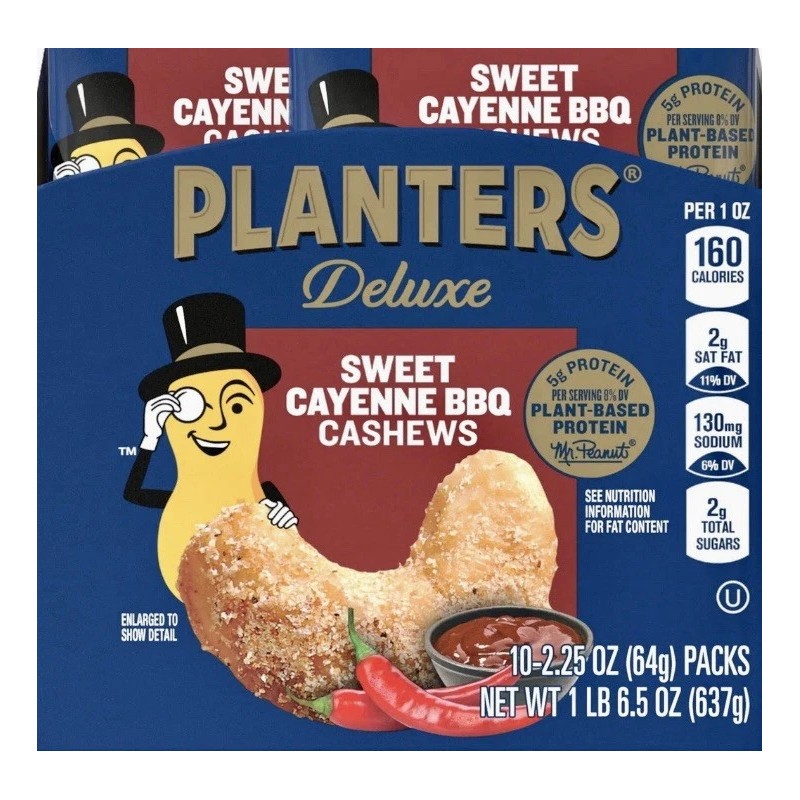 PLANTERS Deluxe~Sweet Cayenne BBQ Cashews~Box of 10-2.25oz Pks~Exp. 8/11/25~New
