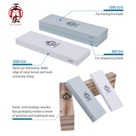Handmade Sword - Masahiro Double Side Whetstone, Rough /400, Medium /1000, Fine /3000,2pcs Swords Blade Sharpening Stone