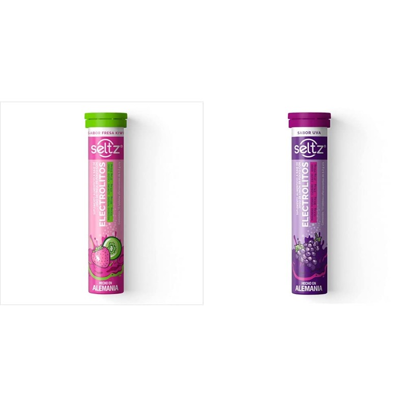 SELTZ Kit Electrolitos Tableta Efervescente, Sabores fresa kiwi más uva,