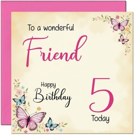 5th Friend Birthday Card - Beautiful Butterfly Floral Friends Birthday Card for 5 Year old Kids five, fifth