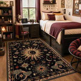 meejou Vacuum-Friendly, 5x7 Washable Area Rug, Black Gold Beige Red